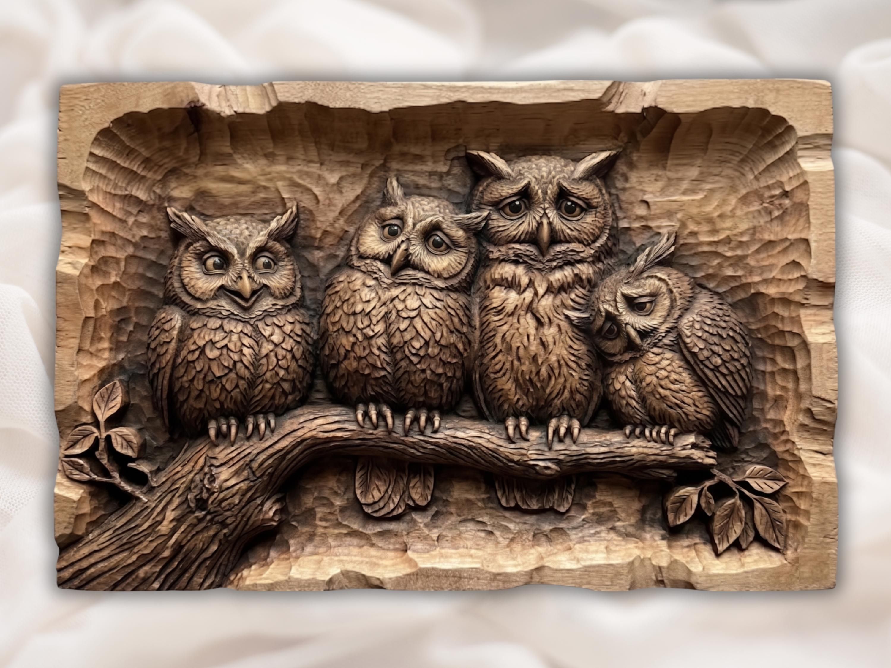 Carved wood bas-relief of two owls snuggled together on a tree branch with detailed feathers