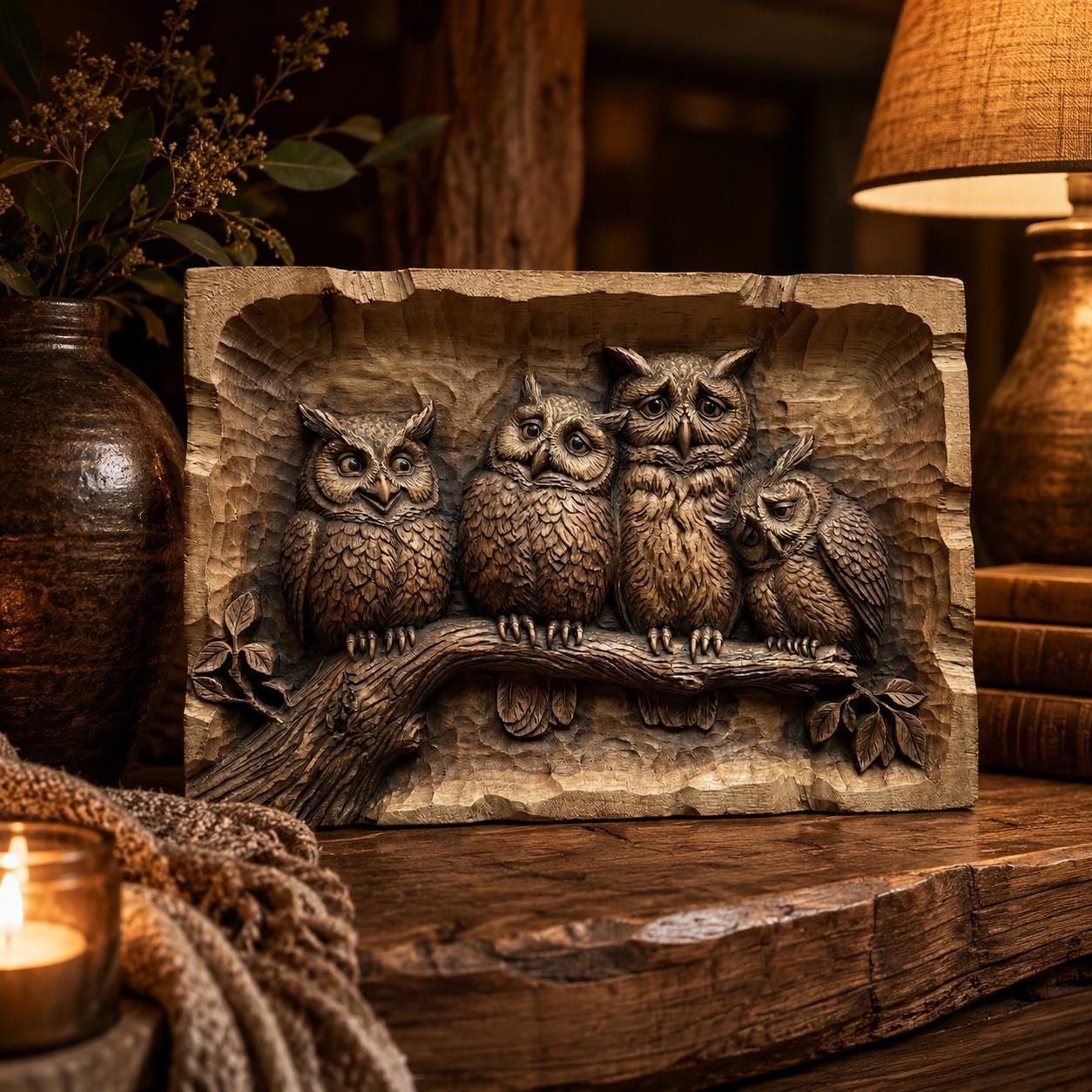 Snuggling Owl Pair on a Branch Relief STL Wood Carving bas-relief STL — view 2