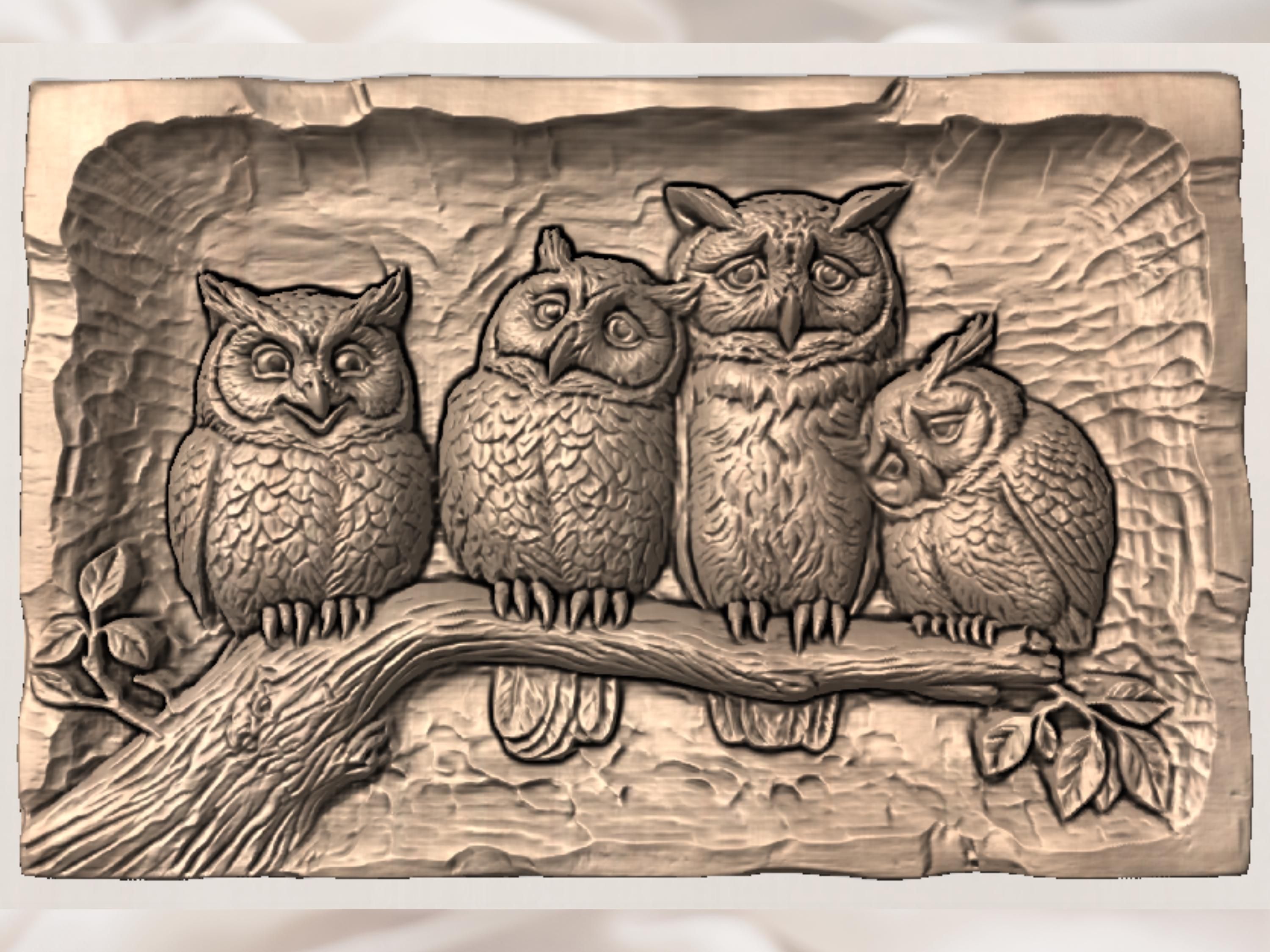 Snuggling Owl Pair on a Branch Relief STL Wood Carving bas-relief STL — view 3