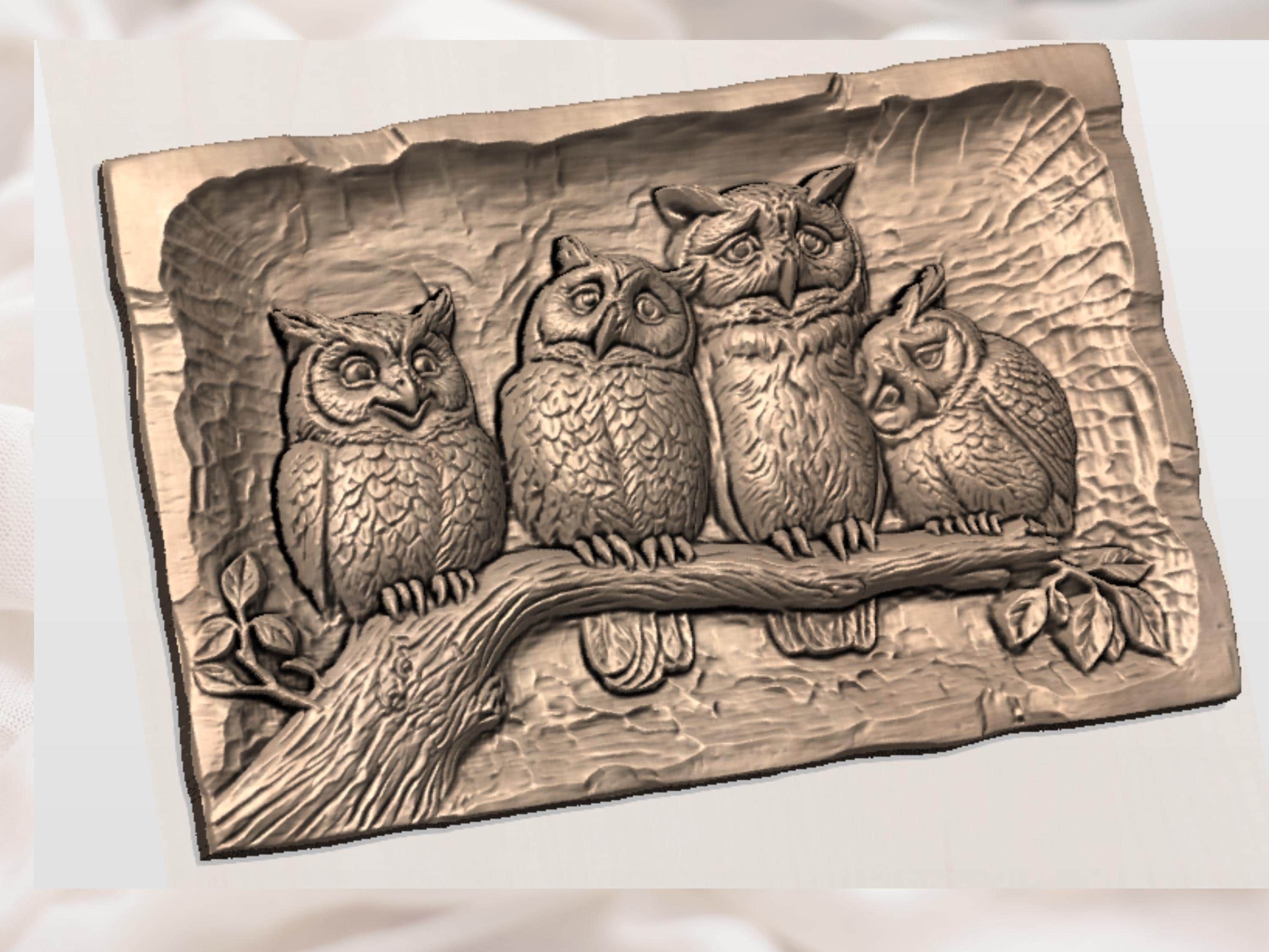 Snuggling Owl Pair on a Branch Relief STL Wood Carving bas-relief STL — view 4