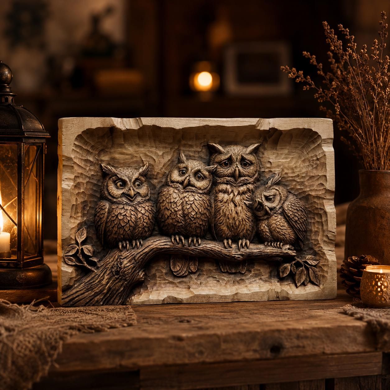 Snuggling Owl Pair on a Branch Relief STL Wood Carving bas-relief STL — view 5