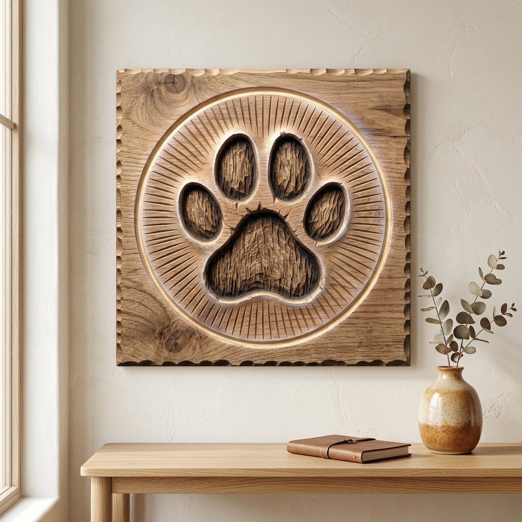 Rustic Paw Print Wood Carving Panel bas-relief STL — view 3