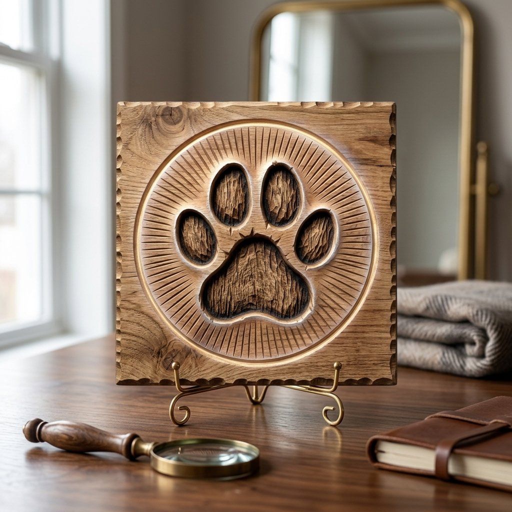 Rustic Paw Print Wood Carving Panel bas-relief STL — view 4