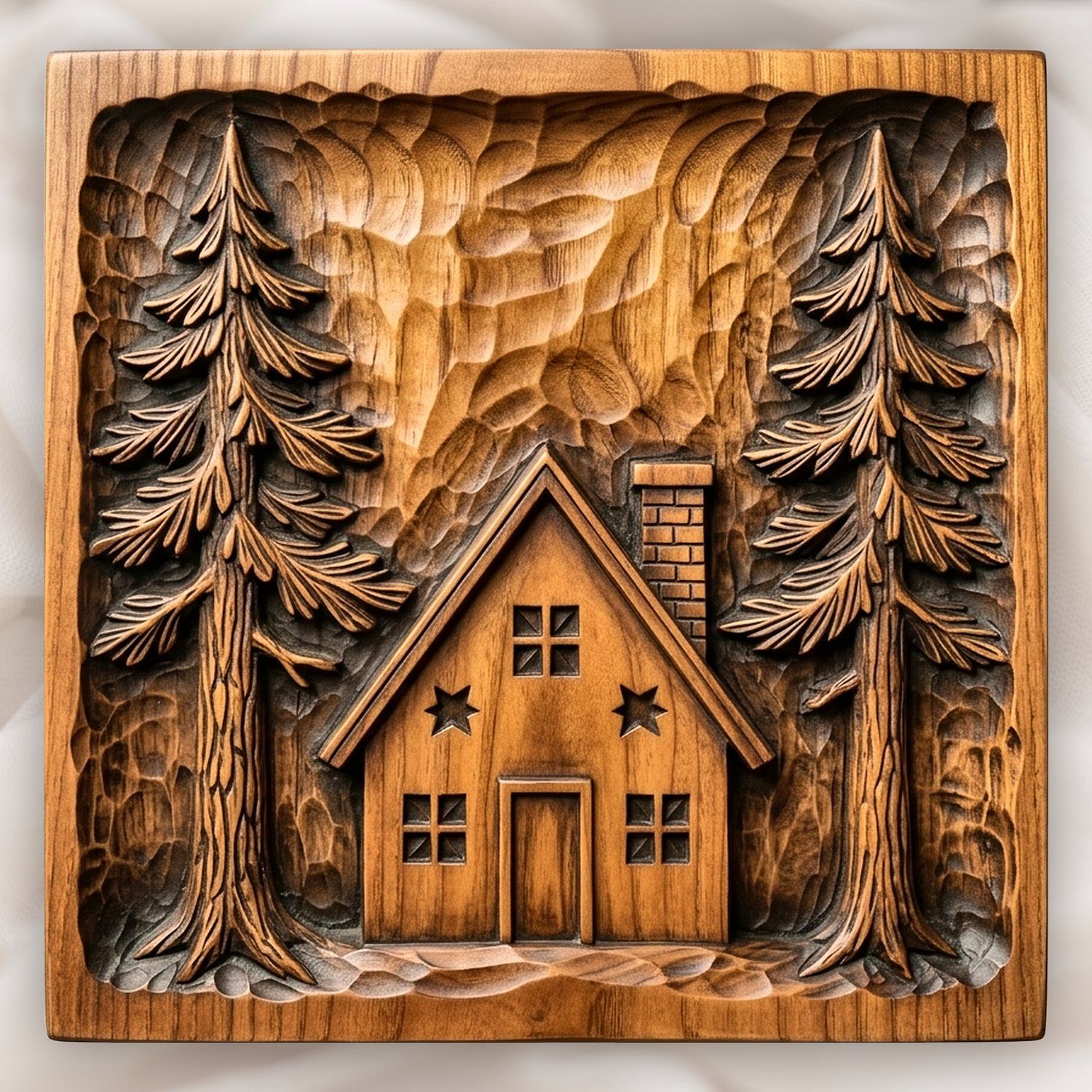 Rustic Pine Forest Cabin Scene CNC Relief STL bas-relief STL design