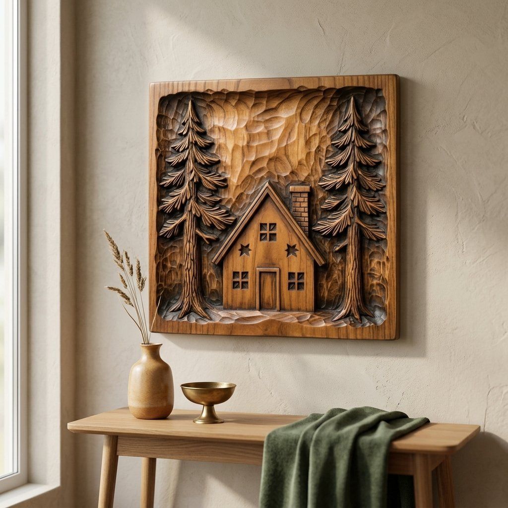 Rustic Pine Forest Cabin Scene CNC Relief STL bas-relief STL — view 14