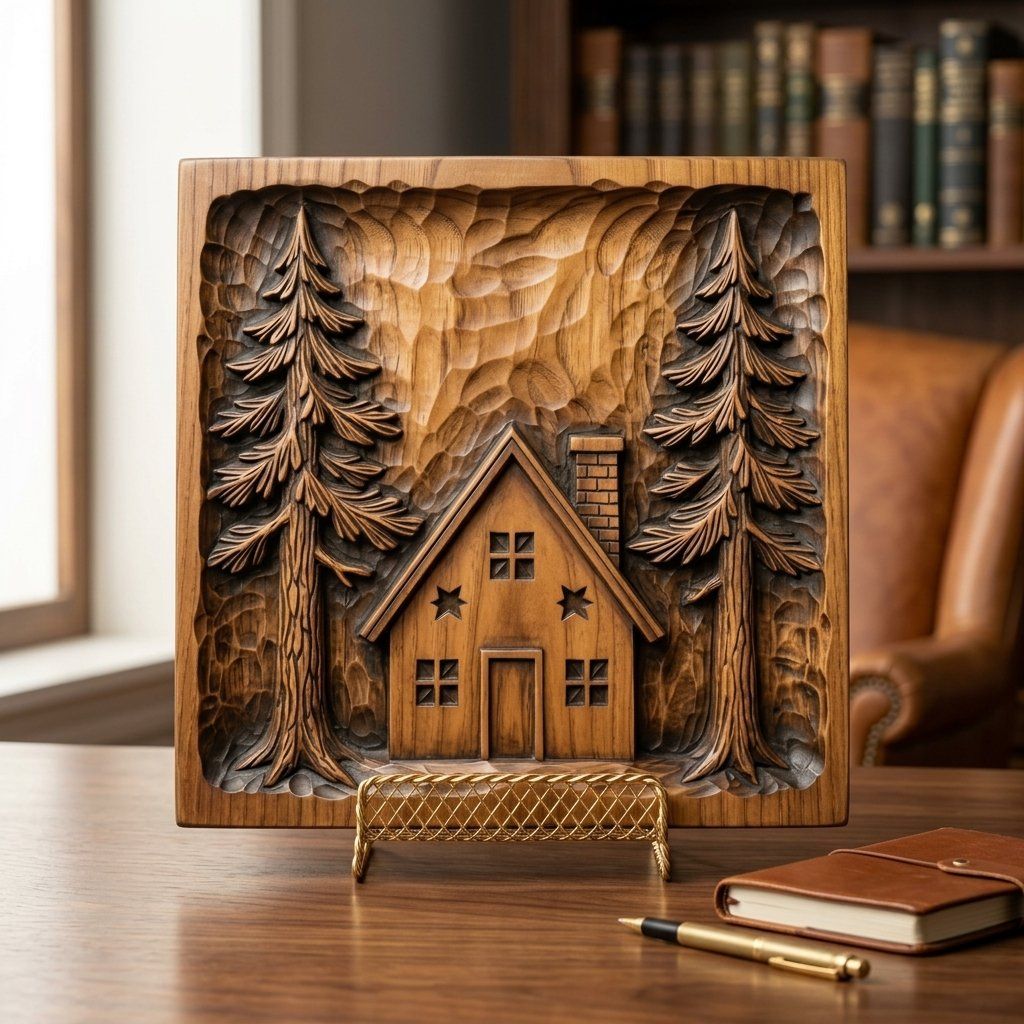 Rustic Pine Forest Cabin Scene CNC Relief STL bas-relief STL — view 3