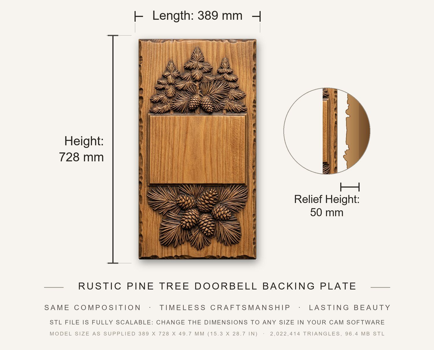 Rustic Pine Tree Doorbell Backing Plate CNC Relief STL bas-relief STL — view 3