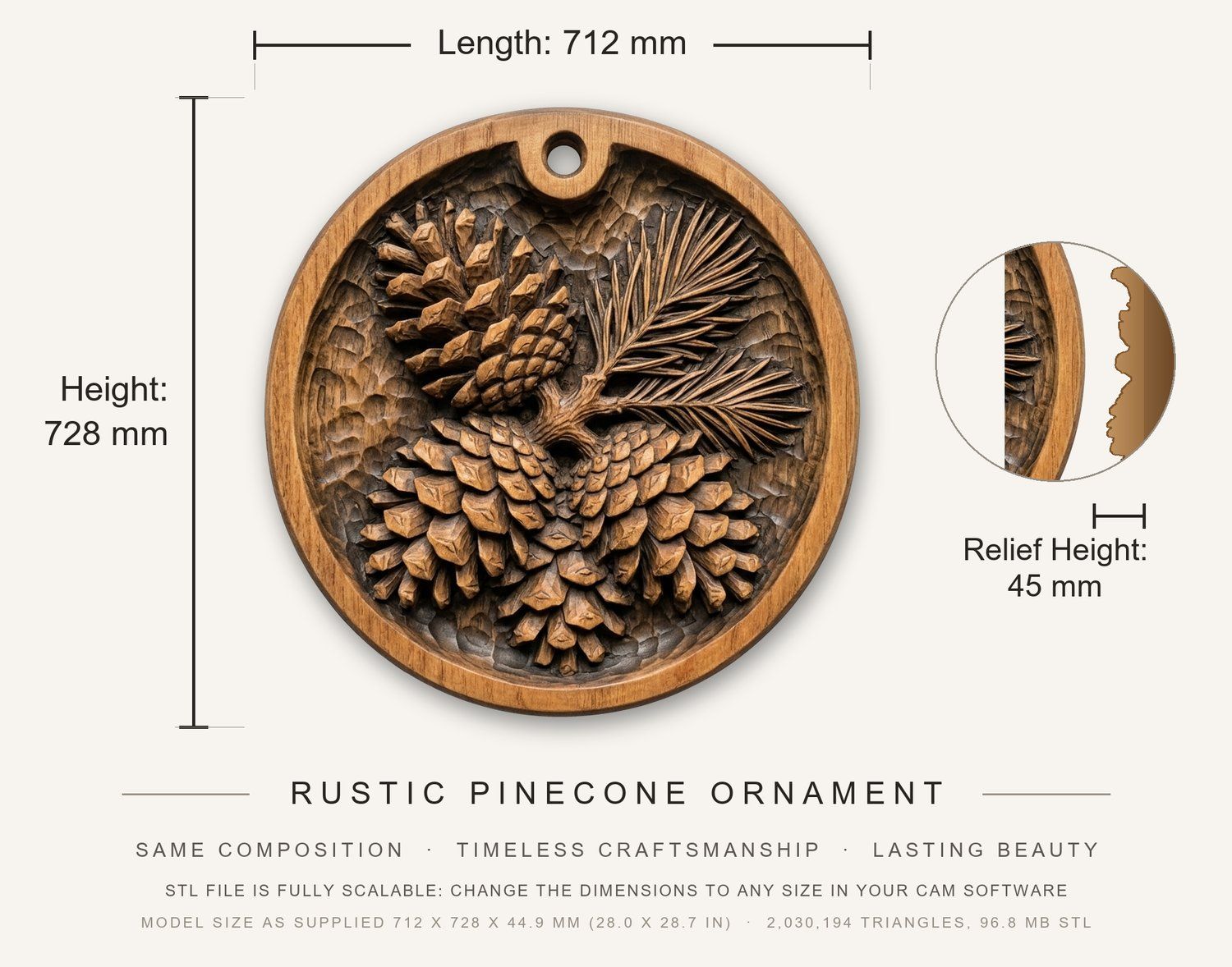 Rustic Pinecone Ornament CNC Relief STL bas-relief STL — view 3