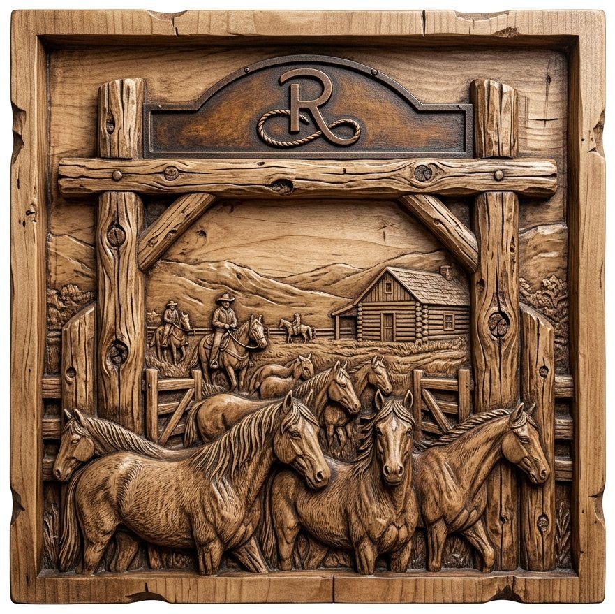 Rustic Ranch Western Horse Scene Wall Art | Custom Branding Iron Relief Panel | Aspire VCarve Pro CNC Wood Carving Model — carved bas relief STL file for CNC