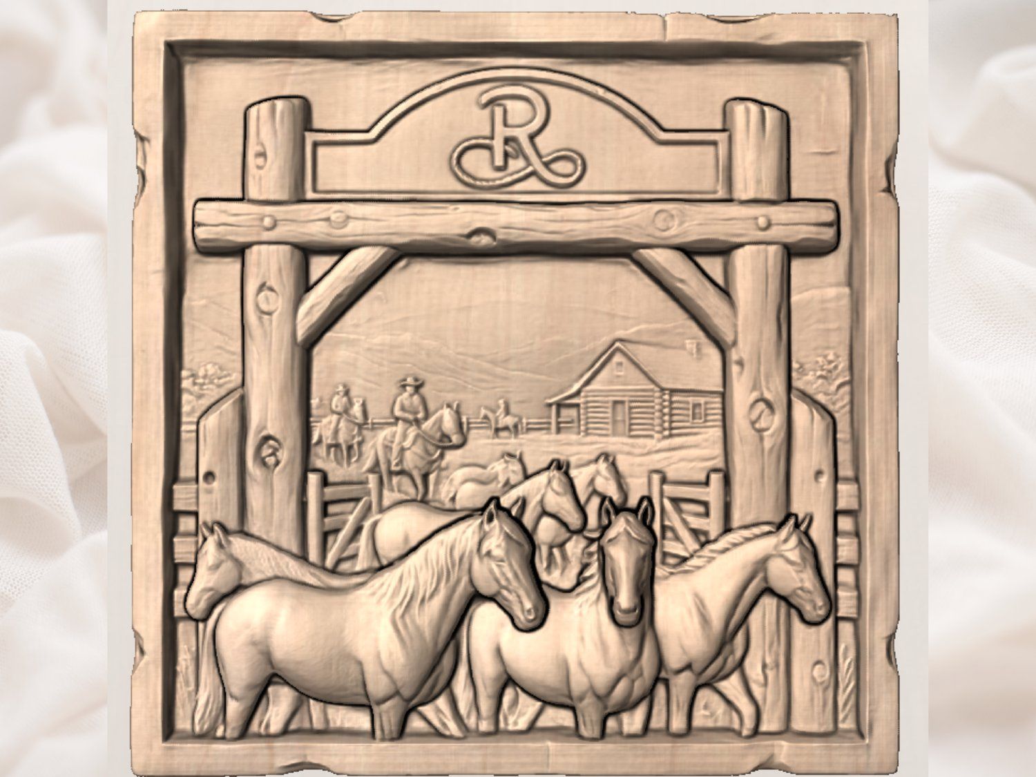 Rustic Ranch Western Horse Scene Wall Art bas-relief STL — view 3