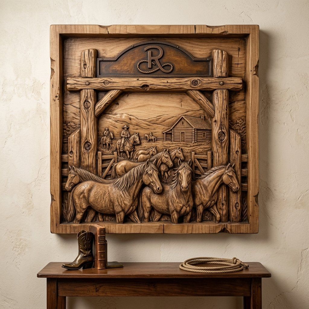Rustic Ranch Western Horse Scene Wall Art bas-relief STL — view 6
