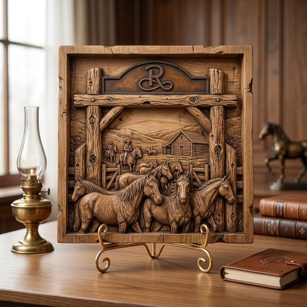 Rustic Ranch Western Horse Scene Wall Art bas-relief STL — view 7