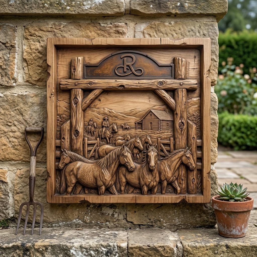Rustic Ranch Western Horse Scene Wall Art bas-relief STL — view 8