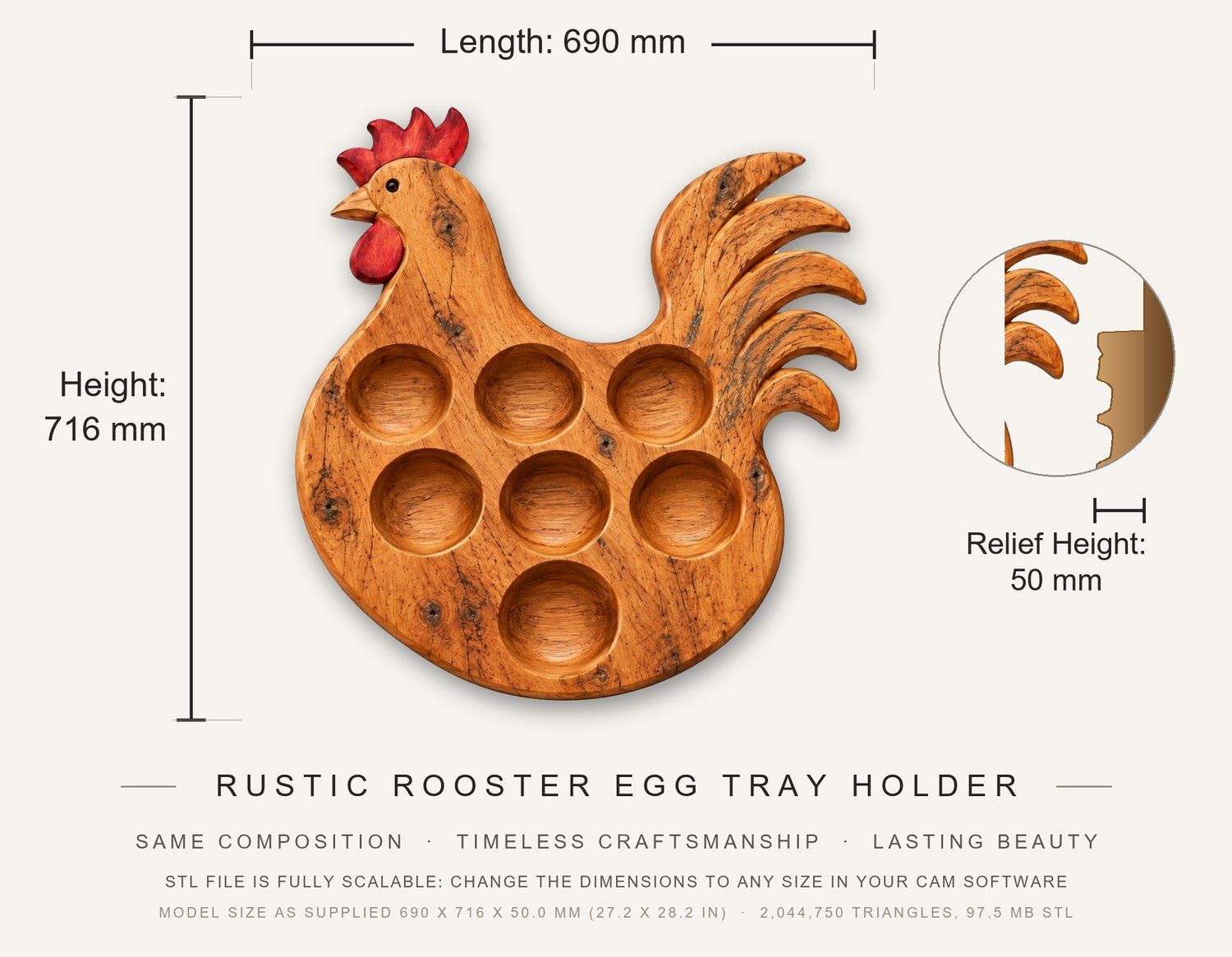 Rustic Rooster Egg Tray Holder CNC Relief STL bas-relief STL — view 3