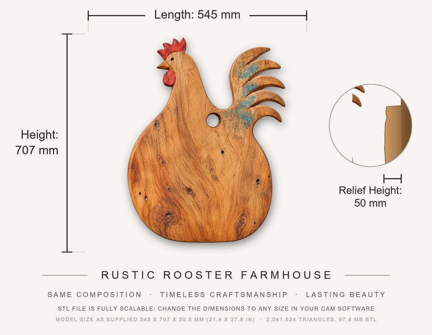 Rustic Rooster Farmhouse CNC Relief STL bas-relief STL — view 3