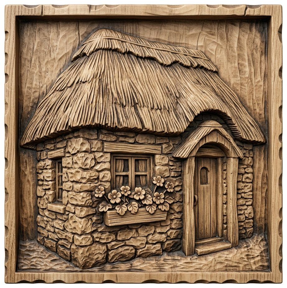 Rustic Thatched Cottage Home CNC Relief STL | Country Stone House Wood Carving Design | Traditional English Cabin Wall Art Panel — carved bas relief STL file for CNC