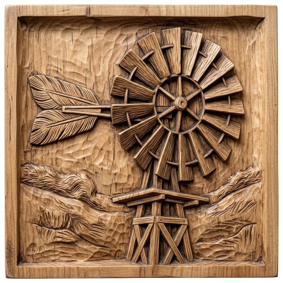 Rustic Windmill Bas Relief Wall Art | Farmhouse CNC Wood Carving Design | Western Landscape Decorative Panel | Country Life Home Decor — carved bas relief STL file for CNC