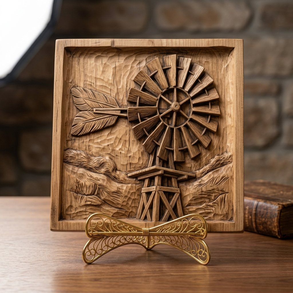 Rustic Windmill Bas Relief Wall Art bas-relief STL — view 7