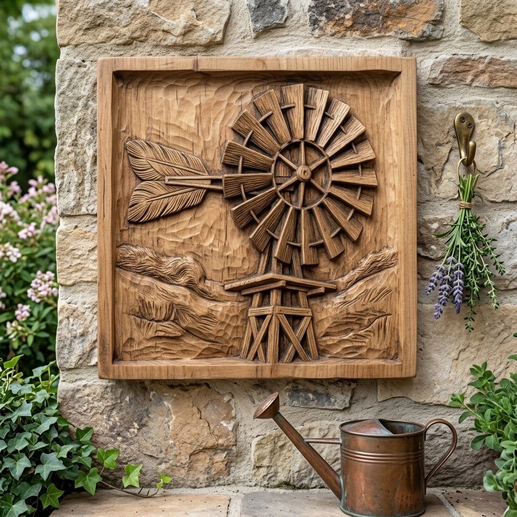 Rustic Windmill Bas Relief Wall Art bas-relief STL — view 8