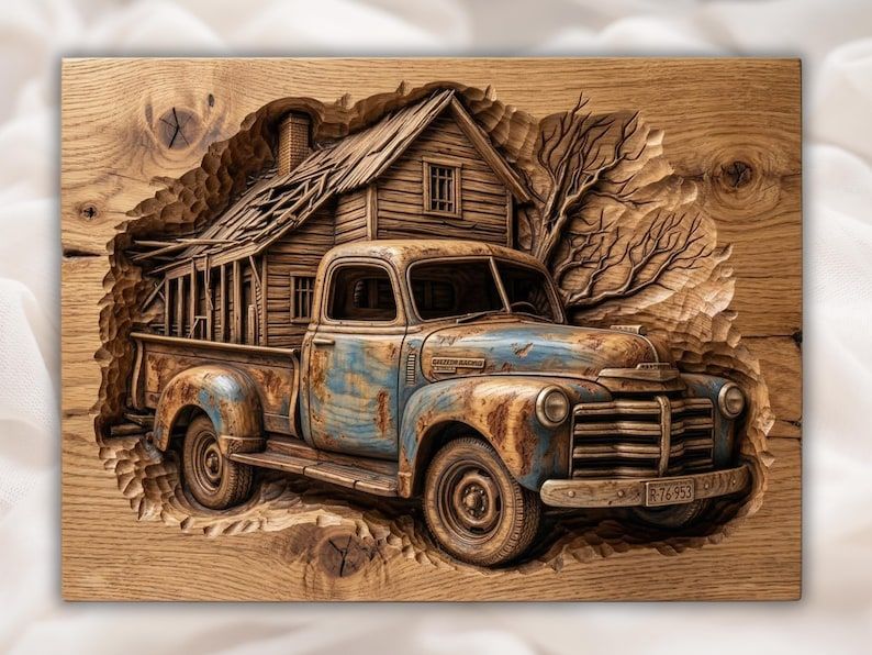 Carved wood bas-relief of a rusty vintage blue pickup truck parked in front of an old broken farmhouse with bare trees