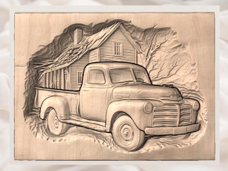Rusty Vintage Pickup at the Old Farmhouse Bas-Relief STL bas-relief STL — view 2