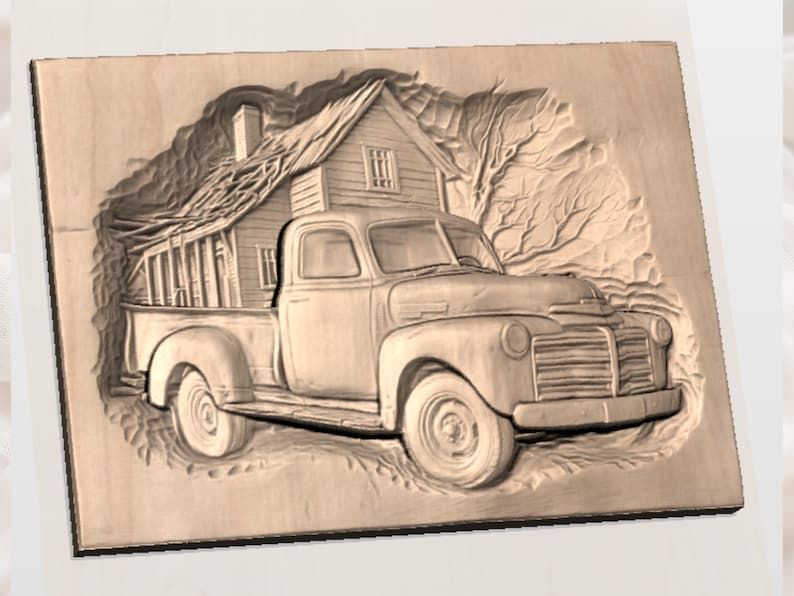 Rusty Vintage Pickup at the Old Farmhouse Bas-Relief STL bas-relief STL — view 3