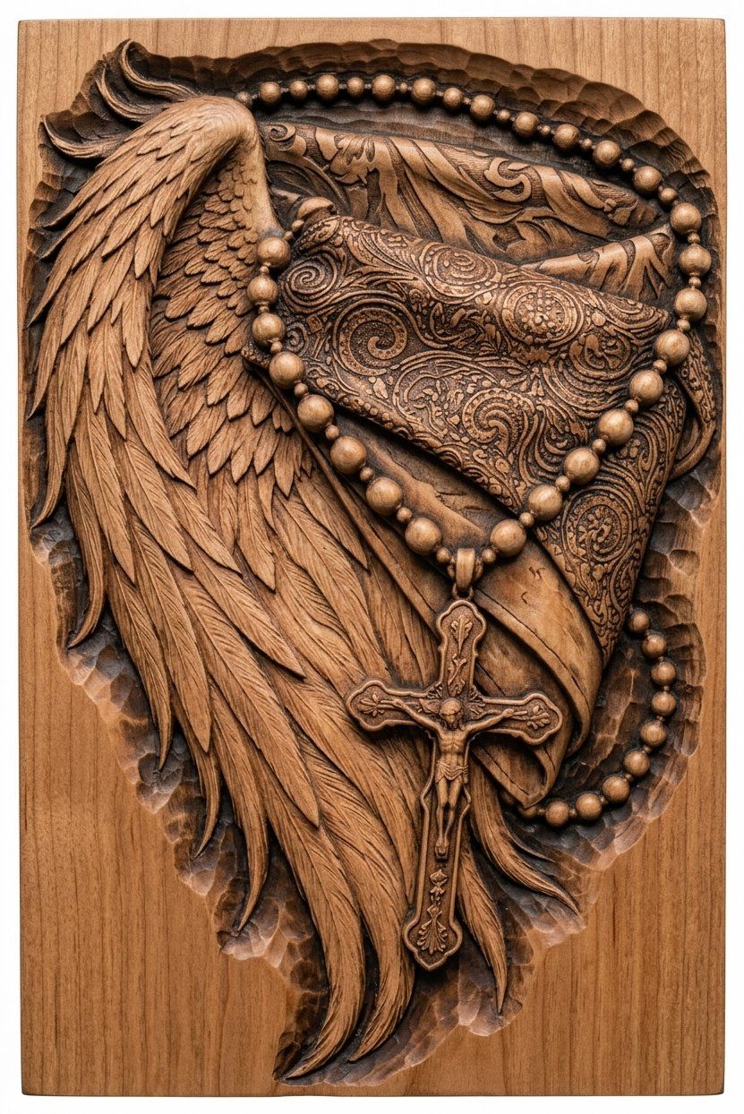 Sacred Angel Wing Rosary and Crucifix CNC Relief STL | Christian Faith Wall Art | Memorial Wood Carving Design — carved bas relief STL file for CNC