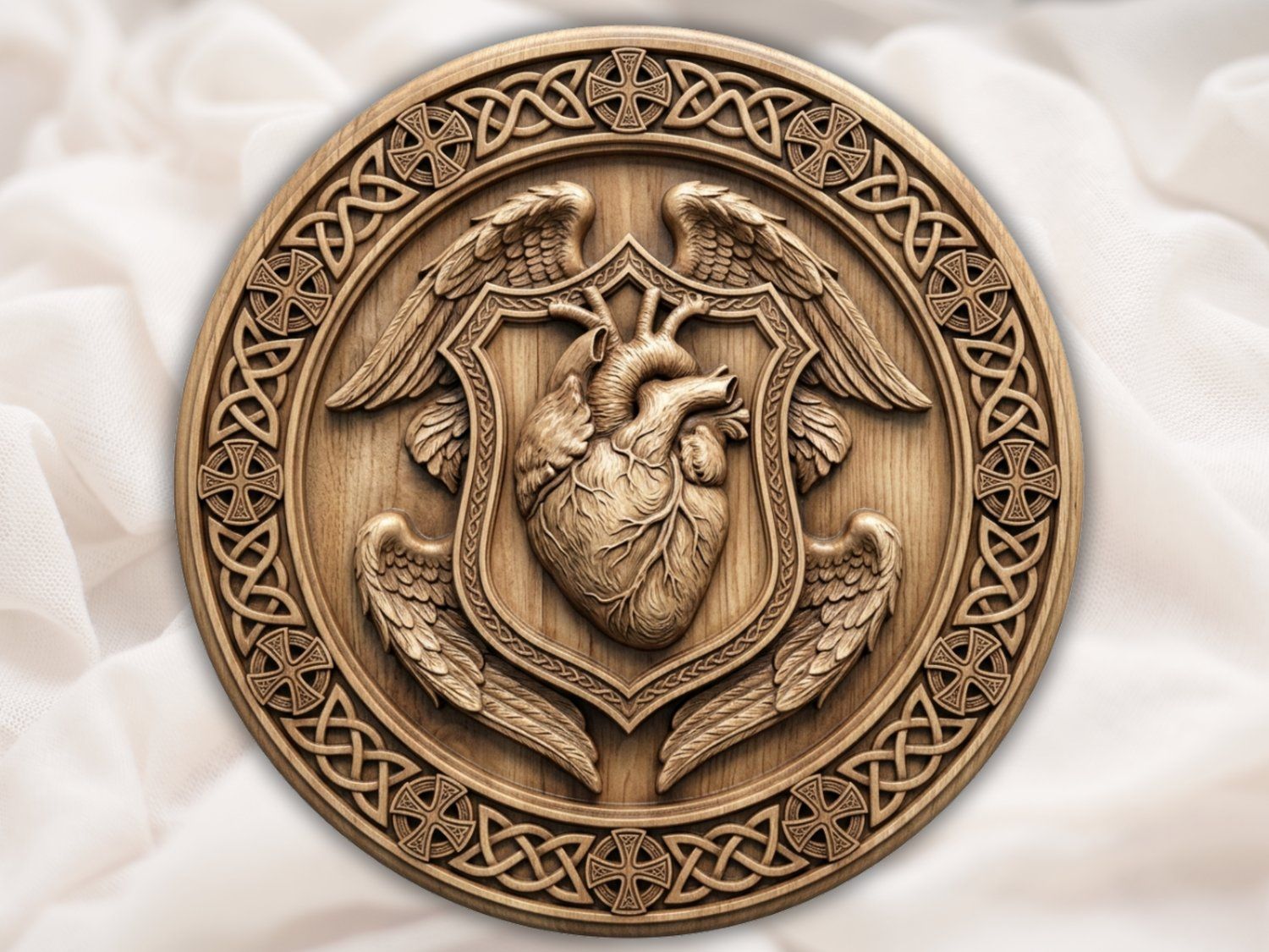 Sacred Heart Celtic Shield Wall Art | Anatomical Heart Winged Relief Decor | Gothic Cross Wood Carving Panel — carved bas relief STL file for CNC