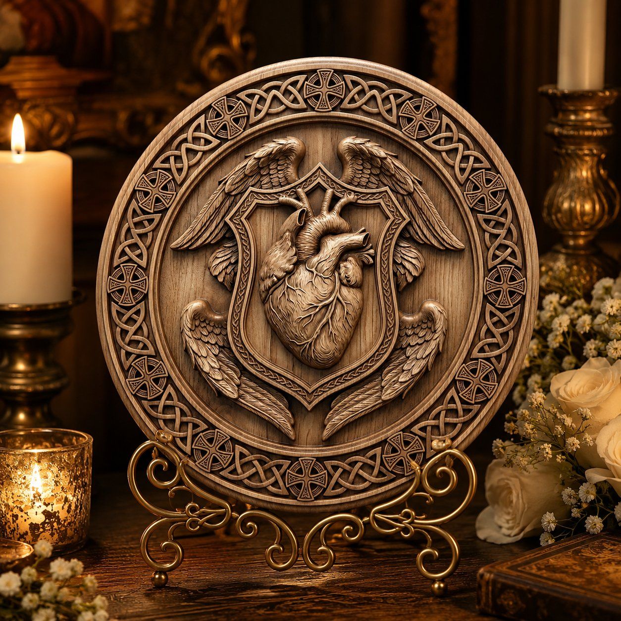 Sacred Heart Celtic Shield Wall Art bas-relief STL — view 6