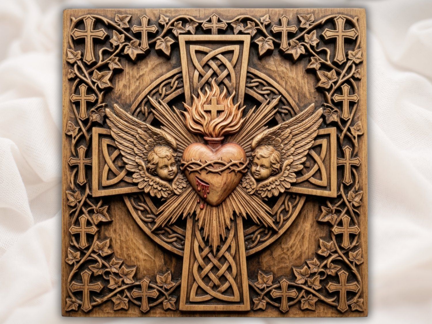 Sacred Heart Cherub Wall Art | Ornate Religious Cross Panel | Catholic Home Decor Design | Aspire VCarve Pro Carveco ArtCAM — carved bas relief STL file for CNC