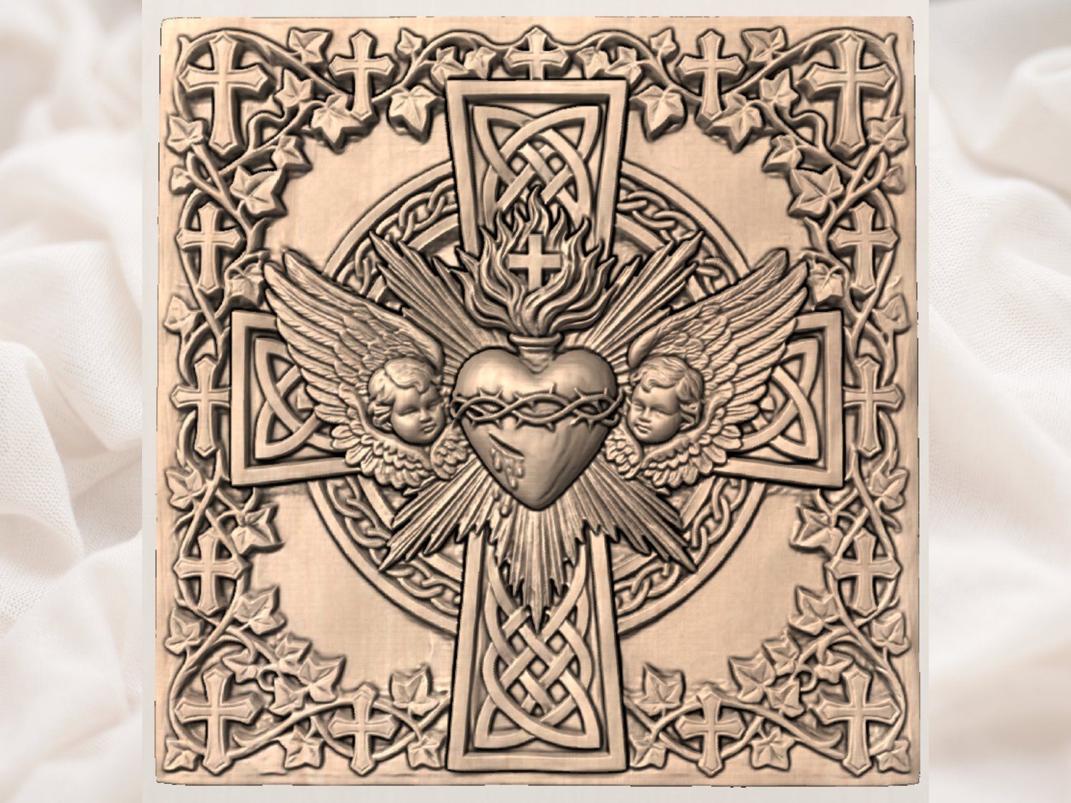Sacred Heart Cherub Wall Art bas-relief STL — view 3