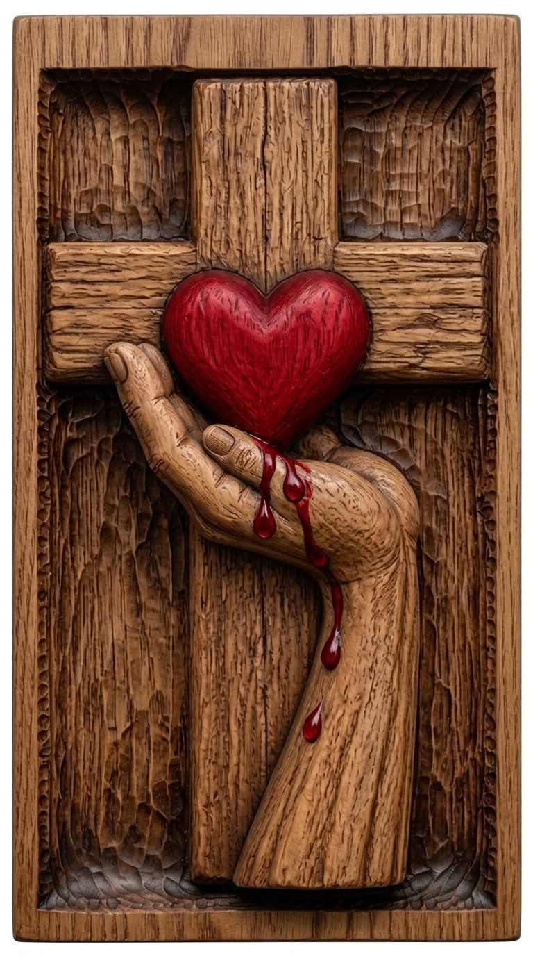 Sacred Heart Cross Sacrifice CNC Relief STL | Christian Wood Carving Design | Religious Wall Art Panel | Faith Woodwork Project — carved bas relief STL file for CNC