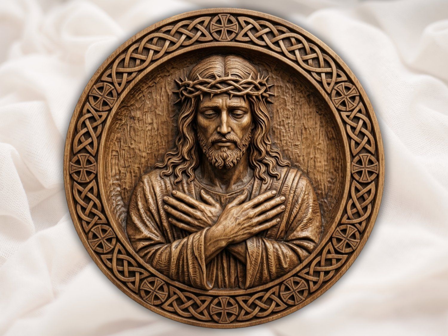 Sacred Heart Jesus Wood Carving Design | Celtic Cross Wall Art Panel | Religious Home Decor Relief | Christian Altar CNC Router Model — carved bas relief STL file for CNC