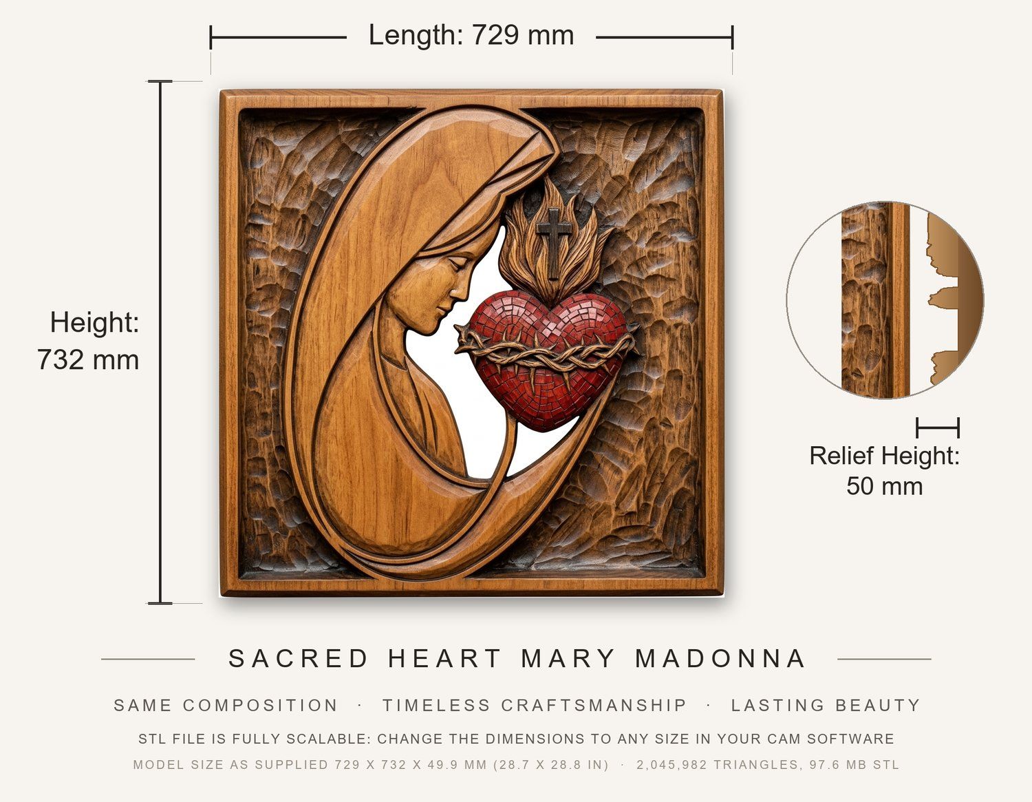 Sacred Heart Mary Madonna CNC Relief STL bas-relief STL — view 3