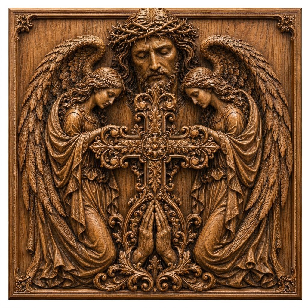 Sacred Heart of Jesus and Angels CNC Relief STL | Christian Religious Wall Art Panel | Ornate Decorative Cross Carving Design — carved bas relief STL file for CNC