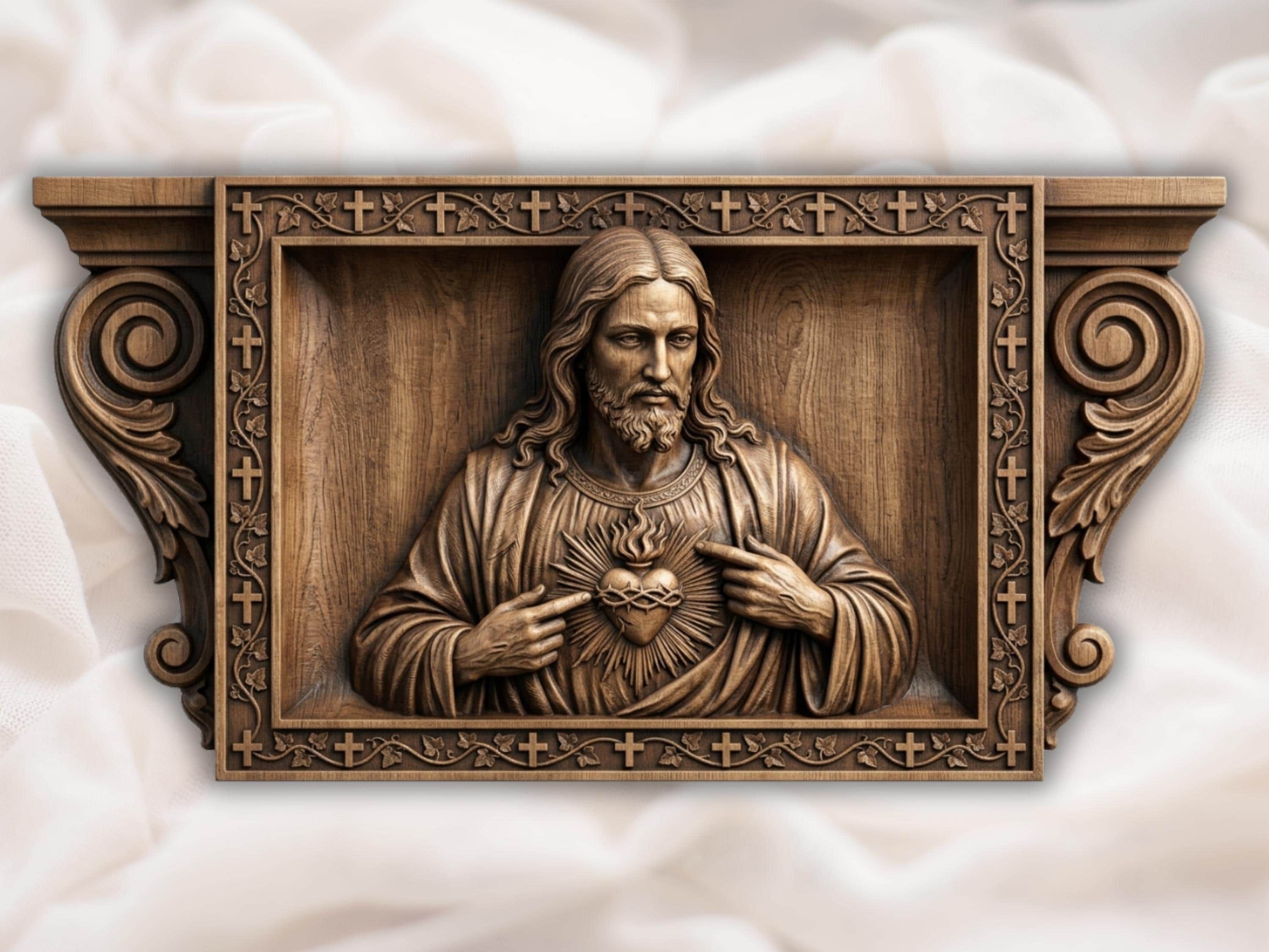 Sacred Heart of Jesus CNC Carving Relief bas-relief STL file for CNC router, laser engraver & 3D printing