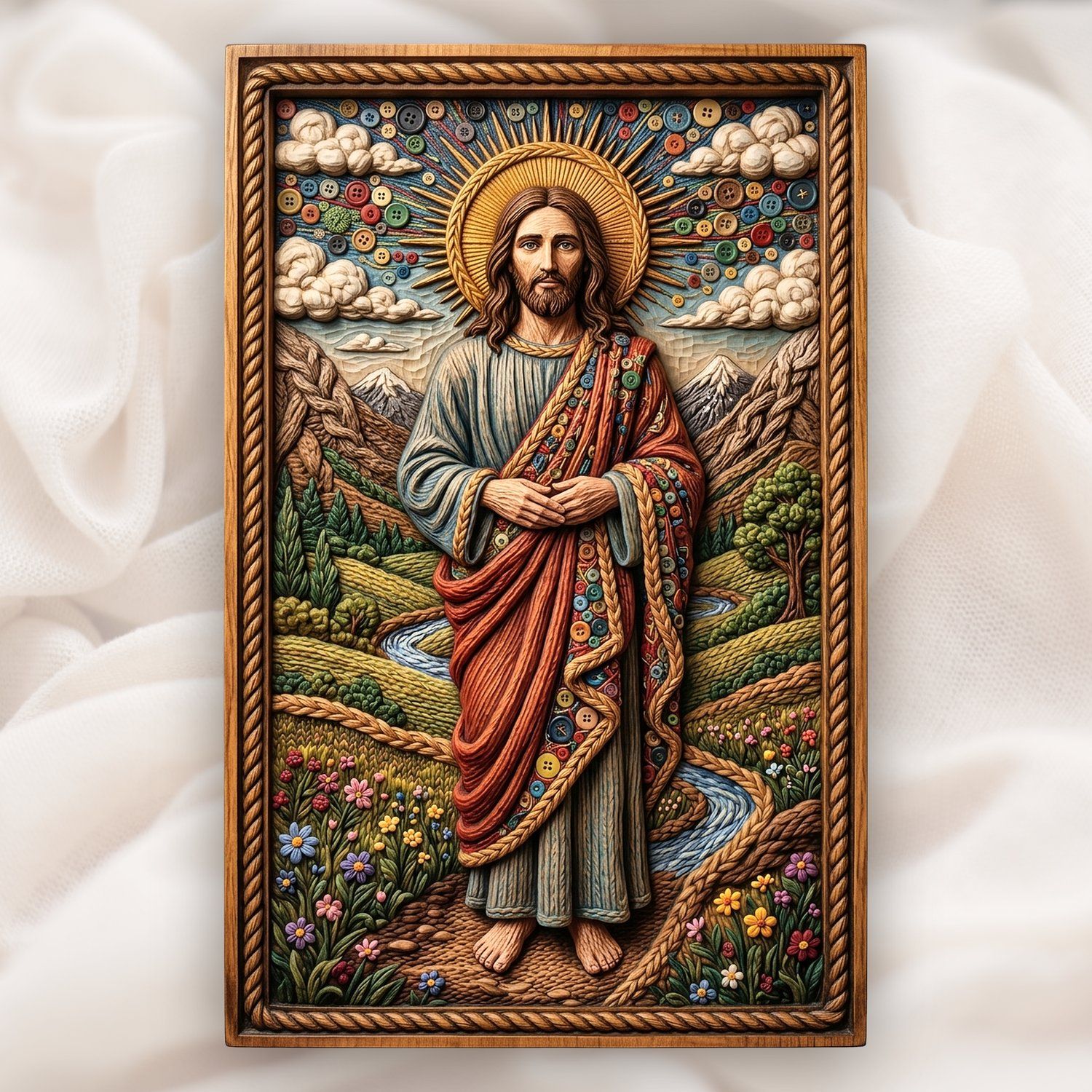Sacred Jesus Christ Landscape with Buttons CNC Relief STL | Christian Wood Carving Design | Religious Wall Art Panel — carved bas relief STL file for CNC