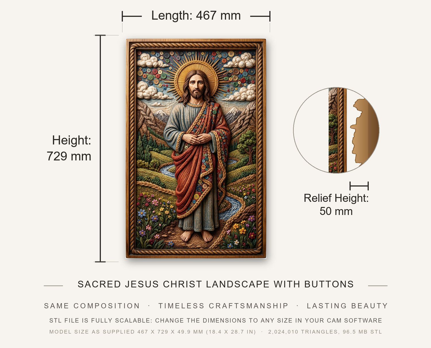 Sacred Jesus Christ Landscape with Buttons CNC Relief STL bas-relief STL — view 3