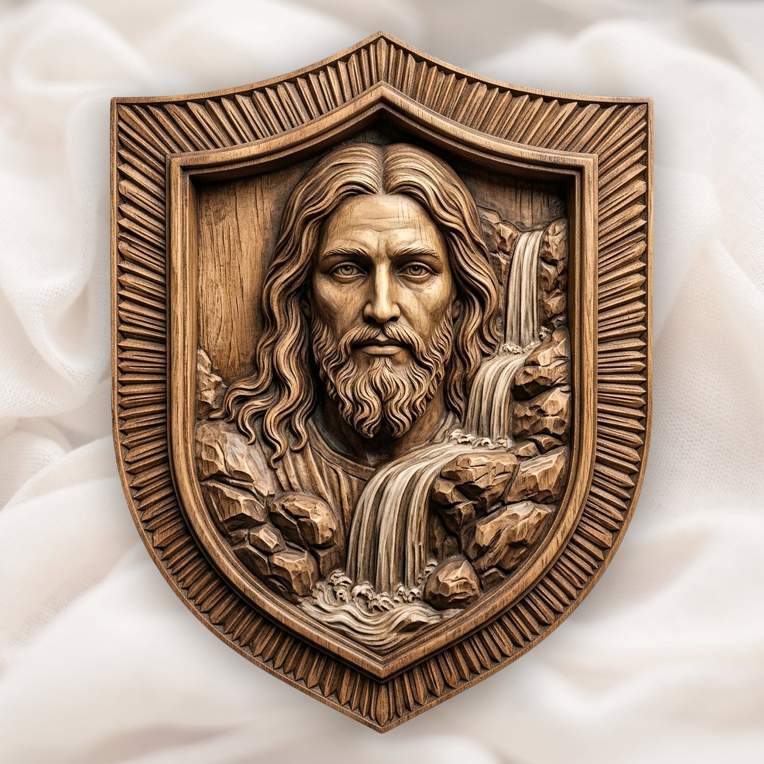 Sacred Jesus Christ Living Water Waterfall Shield CNC Relief STL bas-relief STL design