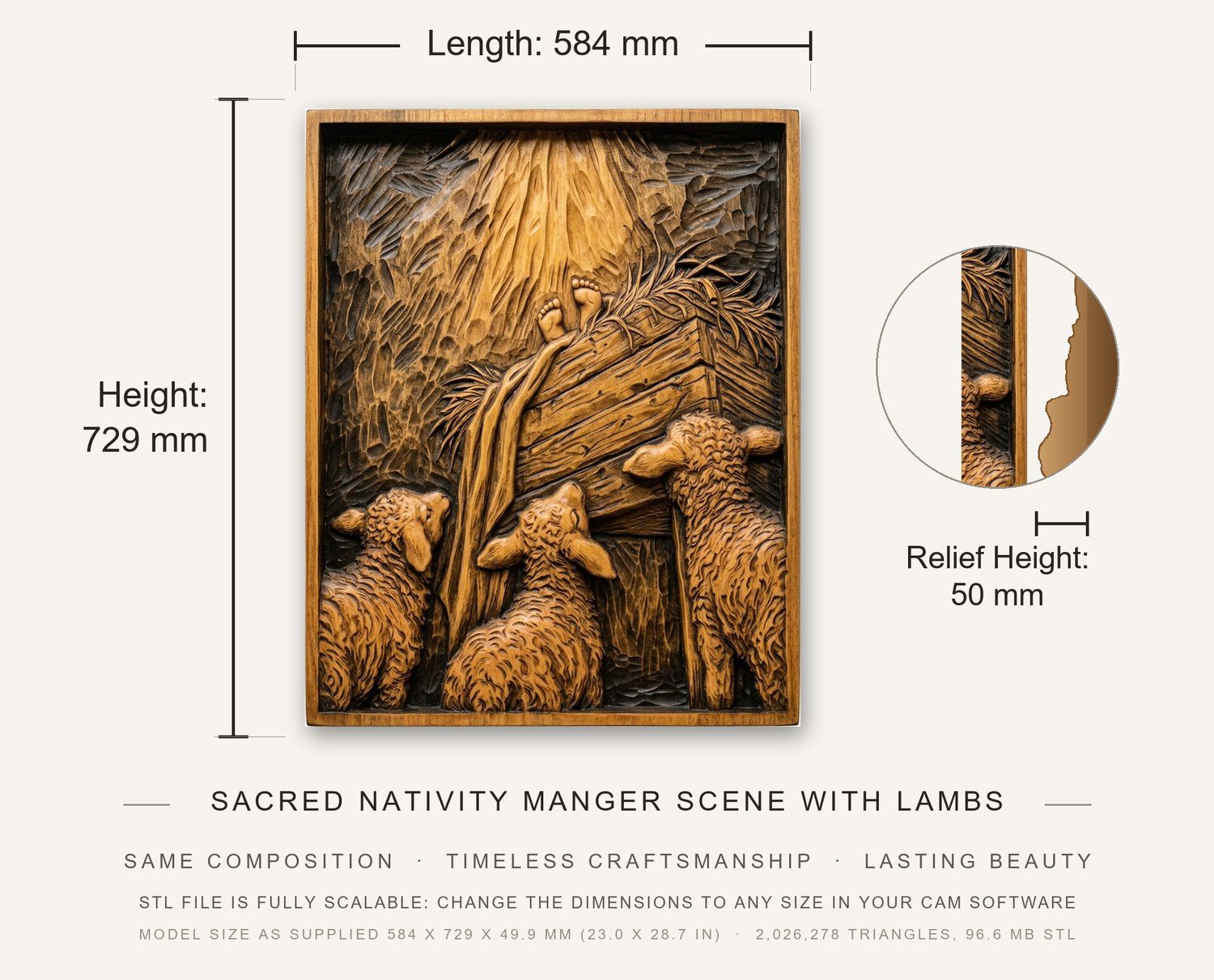 Sacred Nativity Manger Scene with Lambs CNC Relief STL bas-relief STL — view 3