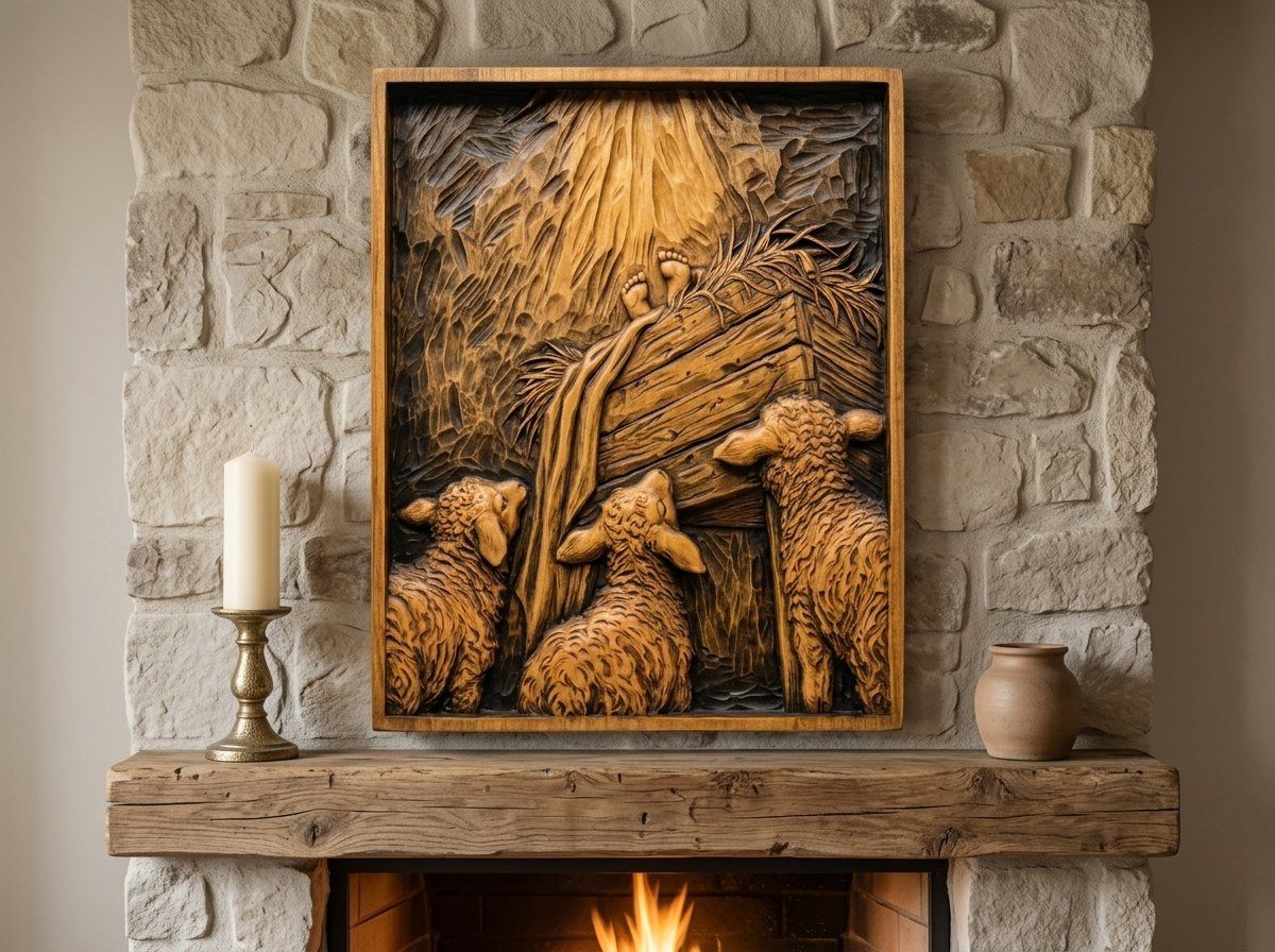 Sacred Nativity Manger Scene with Lambs CNC Relief STL bas-relief STL — view 14
