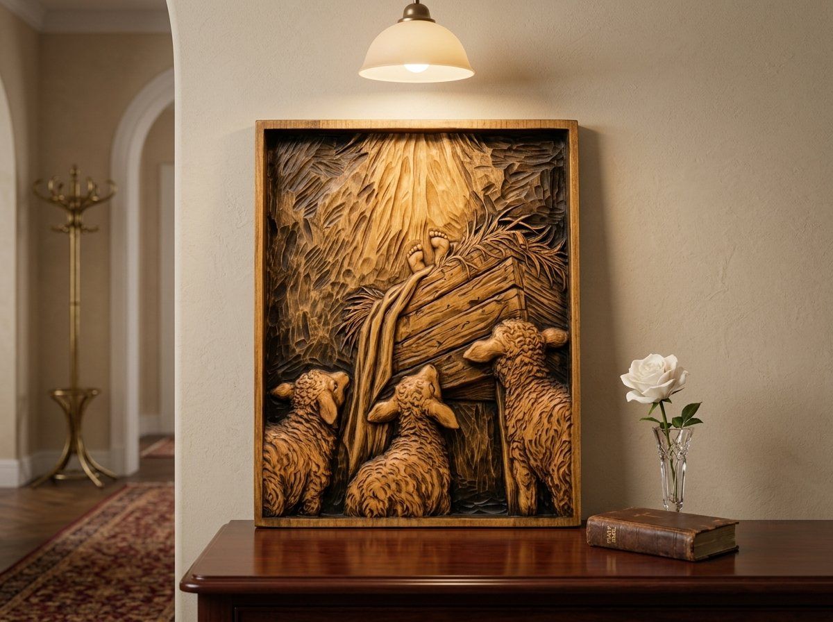 Sacred Nativity Manger Scene with Lambs CNC Relief STL bas-relief STL — view 15
