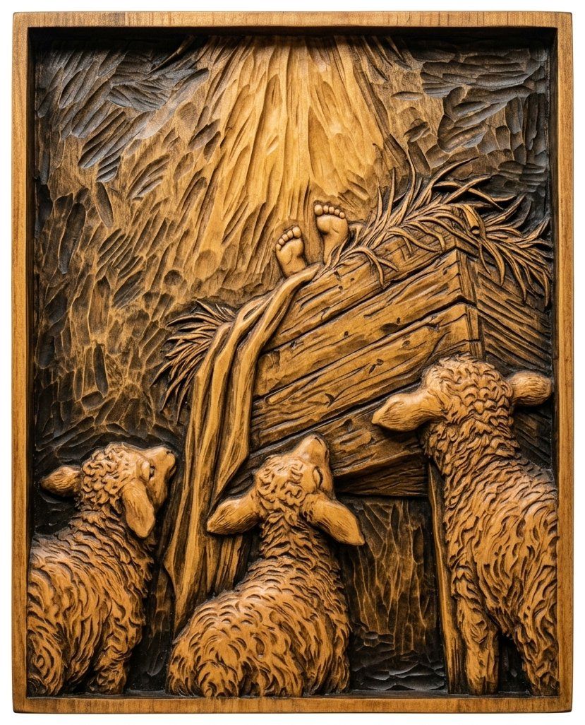 Sacred Nativity Manger Scene with Lambs CNC Relief STL bas-relief STL — view 4