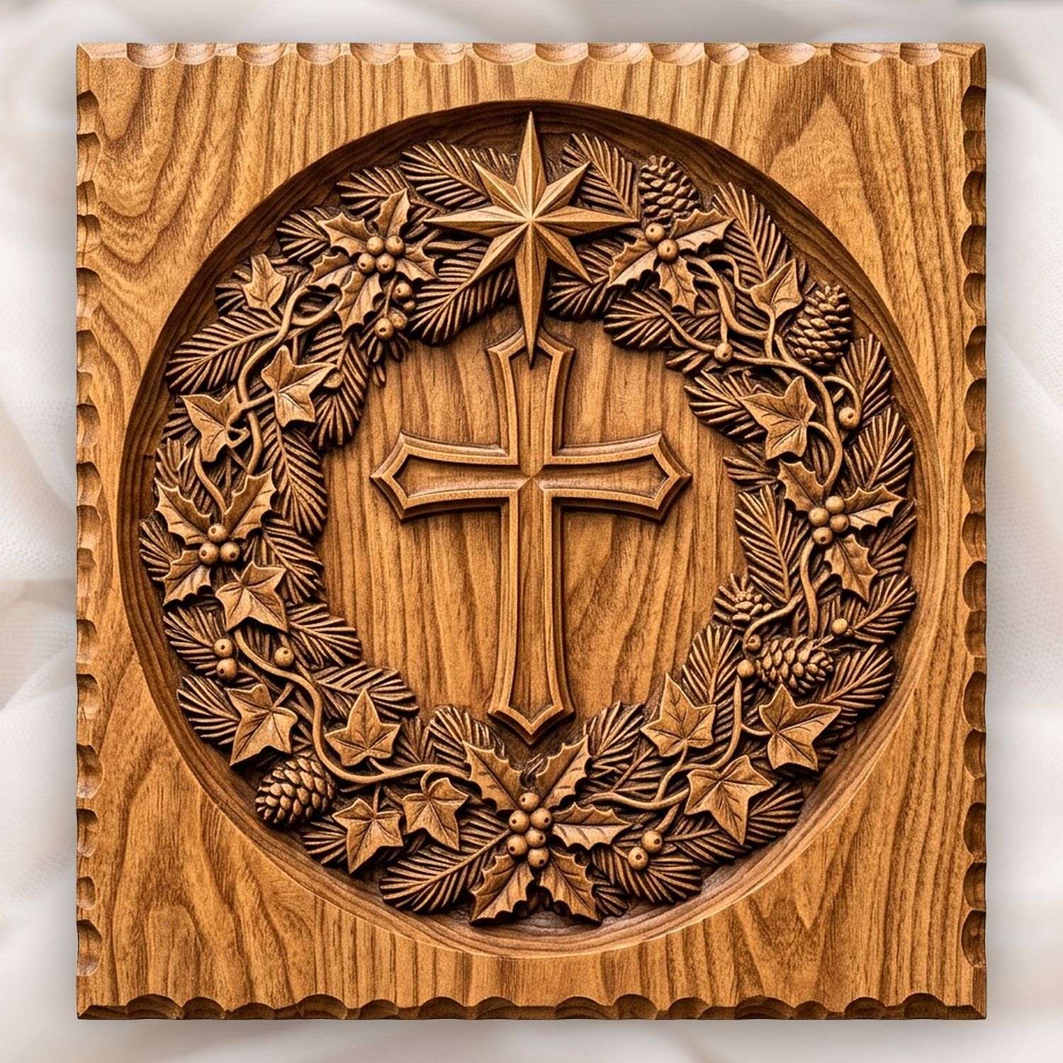 Sacred Nativity Star Cross Wreath CNC Relief STL | Christian Holiday Wall Art | Religious Wood Carving Design Aspire VCarve — carved bas relief STL file for CNC