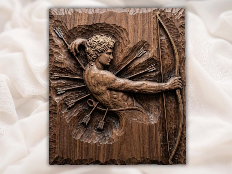 Bas-relief wood carving of a muscular Greek archer drawing a bow with arrows fanned behind him