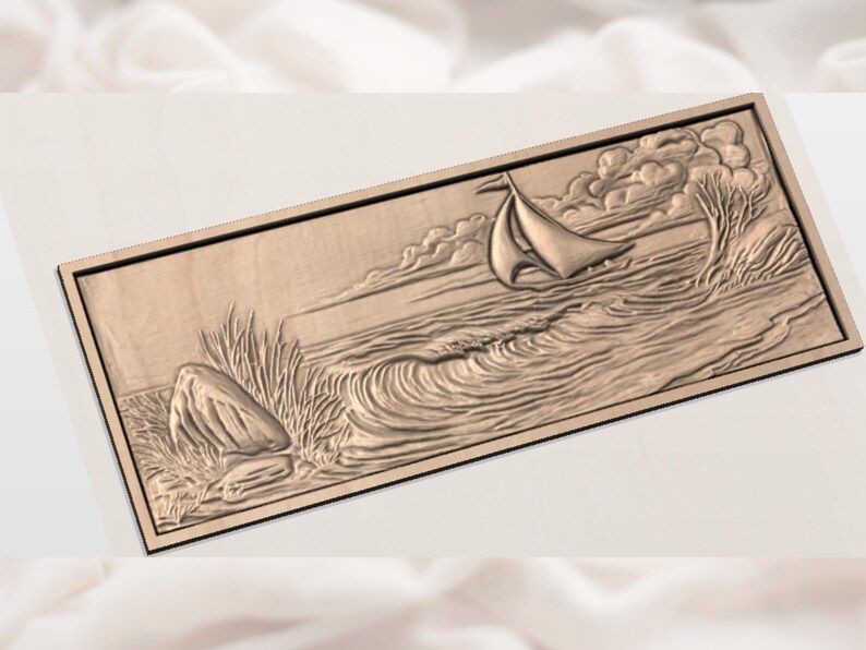 Sailboat Riding Ocean Swells Bas-Relief STL Coastal Panel bas-relief STL — view 2