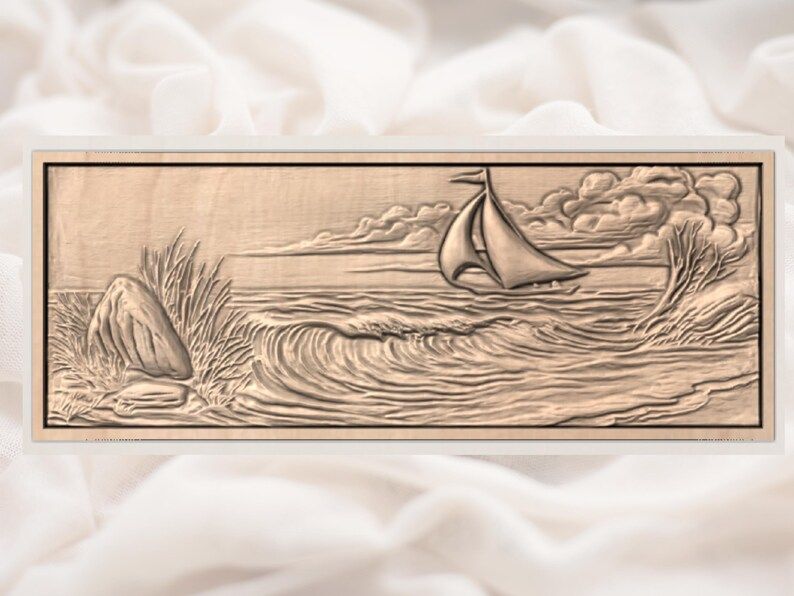 Sailboat Riding Ocean Swells Bas-Relief STL Coastal Panel bas-relief STL — view 3