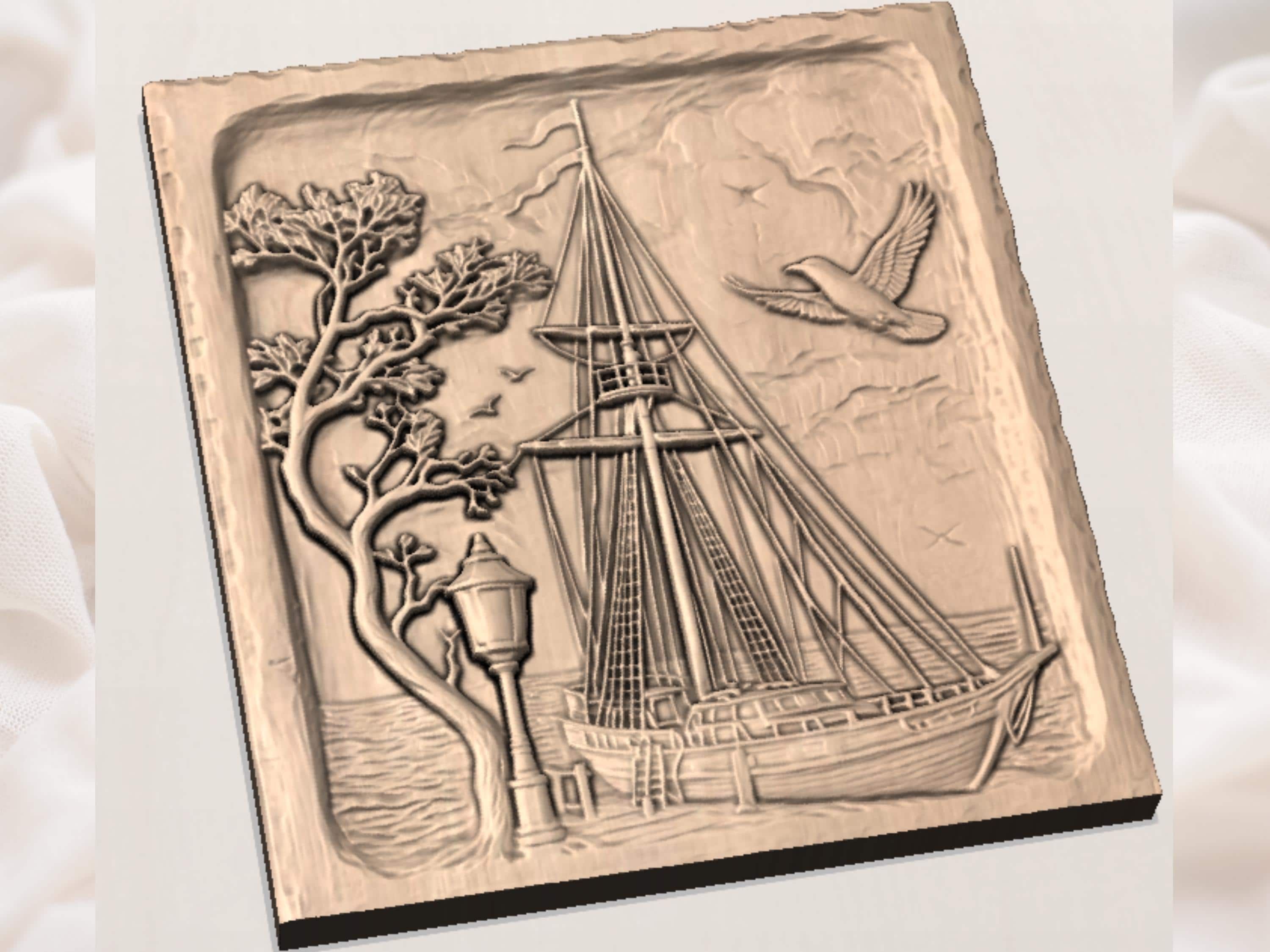 Tall Ship at the Harbor Lamp Bas-Relief Carving bas-relief STL — view 2