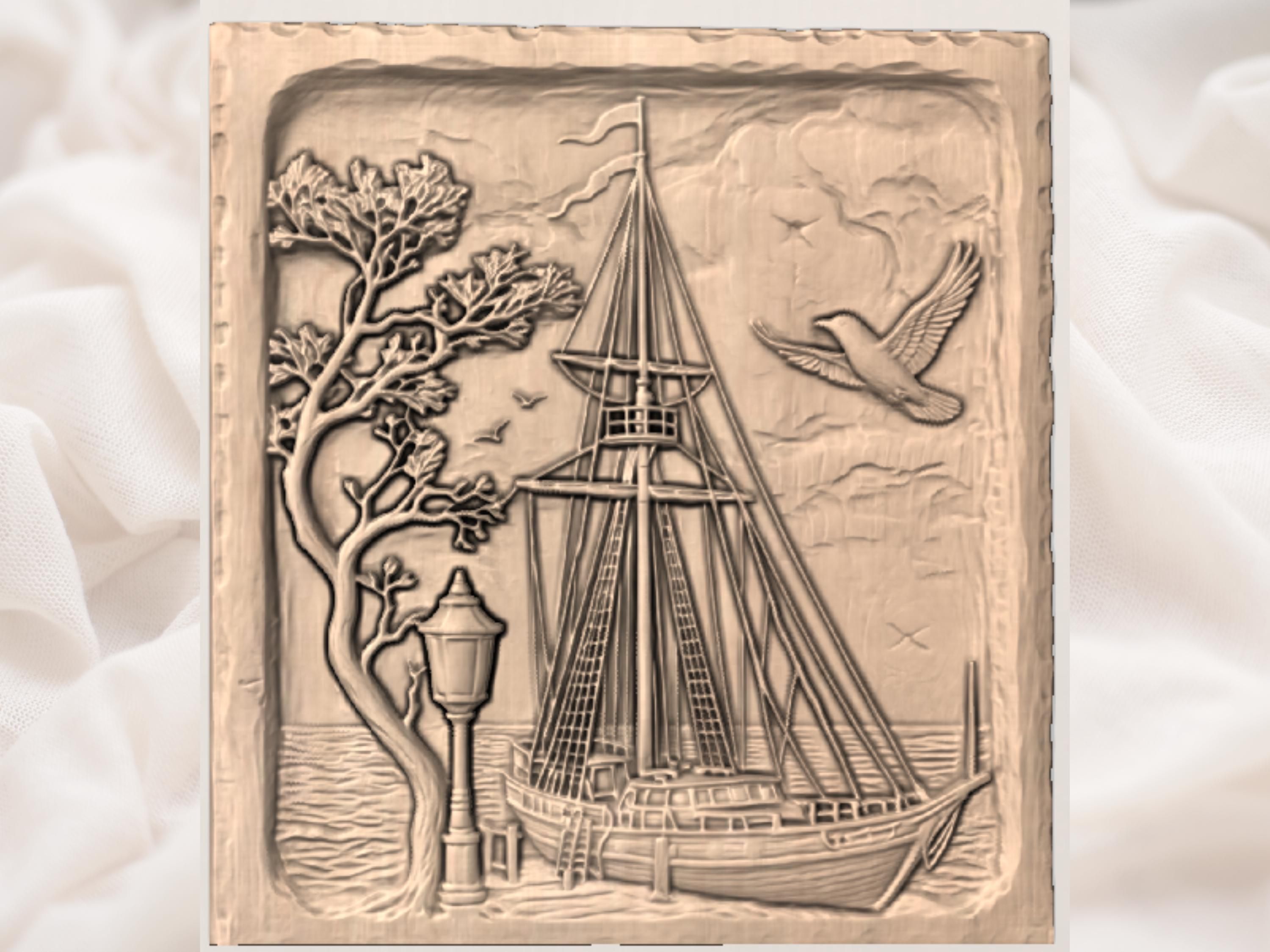 Tall Ship at the Harbor Lamp Bas-Relief Carving bas-relief STL — view 3