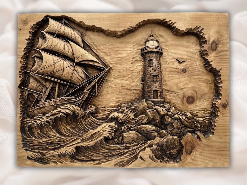 Bas-relief carving of a tall sailing ship in crashing waves beside a stone lighthouse on rocky cliffs